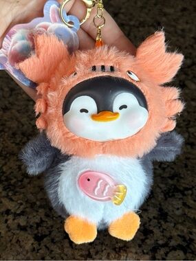 Plush Penguin Keychain Bag Charm with Coral Hood and Fish Charm